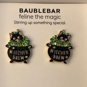 BaubleBar Feline The Magic Black Cat On Witches Cauldron Stud Drop Earrings NIB